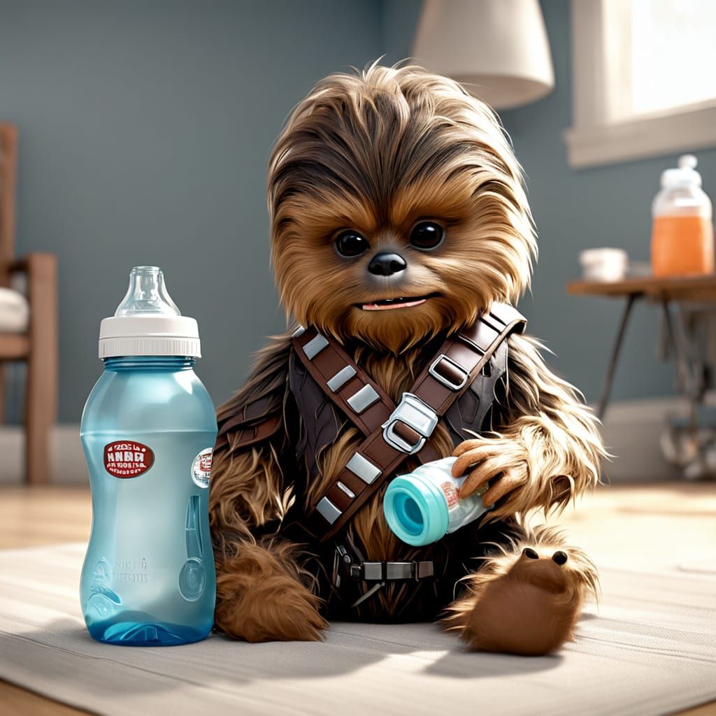 Adorable Baby Chewbacca in Diaper With Bottle
