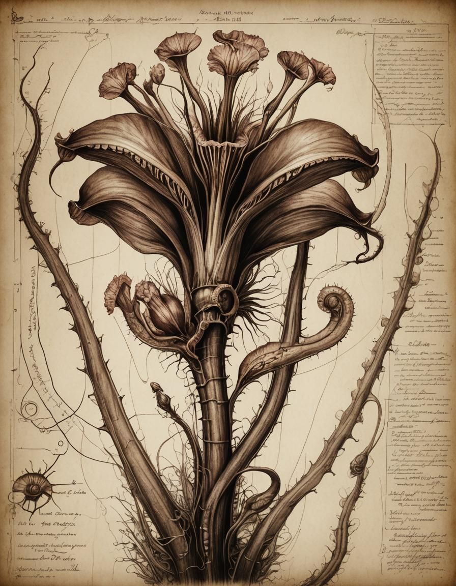 Alien Plant Anatomy in Giger Style, Sepia Tone
