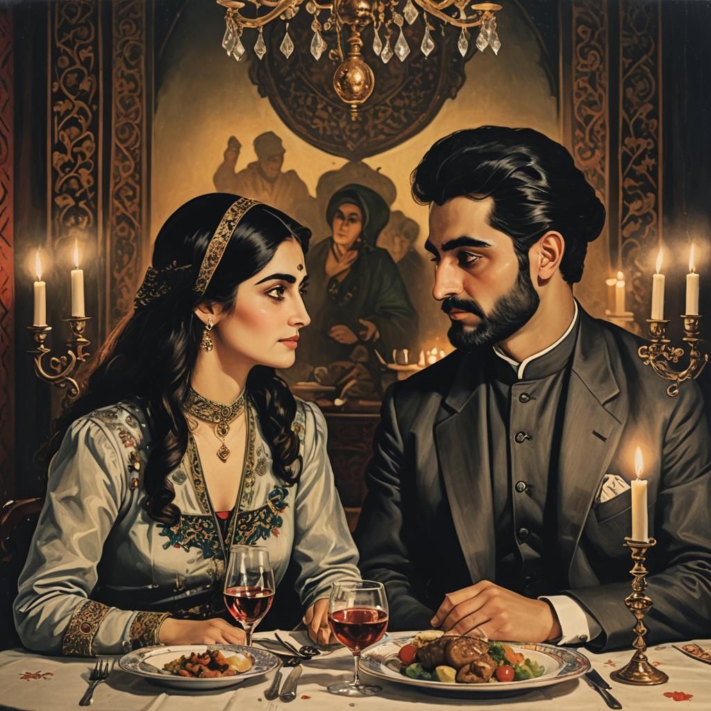 Romantic Dinner in Qajar Art Style