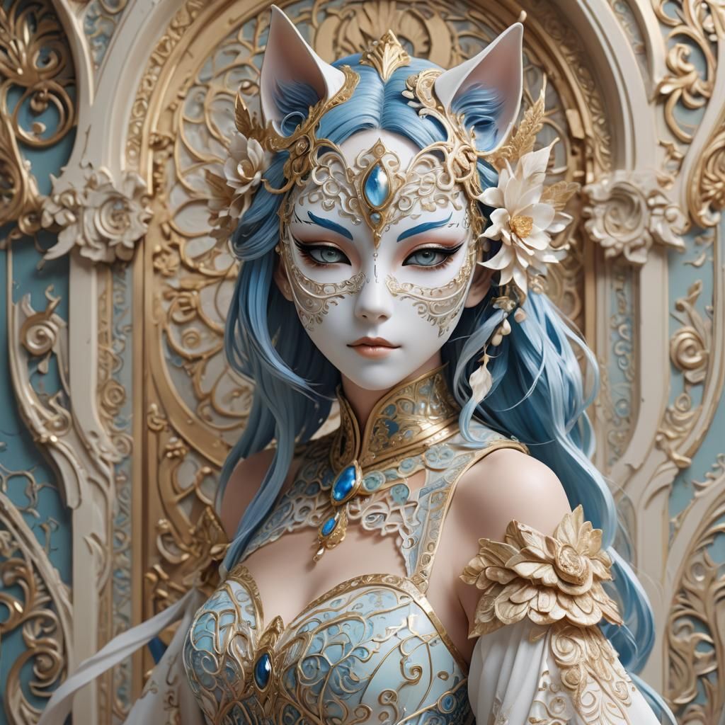 Anime Catgirl Portrait with Ornate Mask in 3D