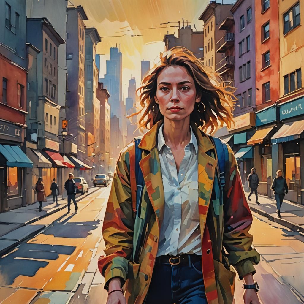 Confident Woman in Cityscape: Impressionist Gouache Portrait
