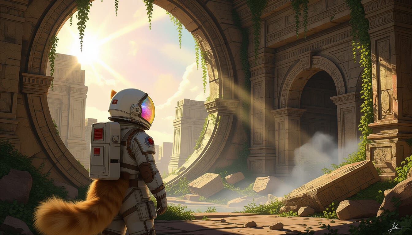 Cat Astronaut Explores Ancient Alien Ruins in Digital Art St...