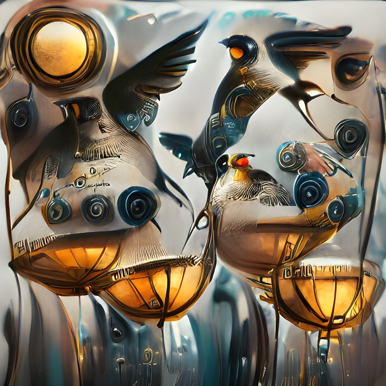Steampunk Birds in Hyperrealistic Digital Illustration