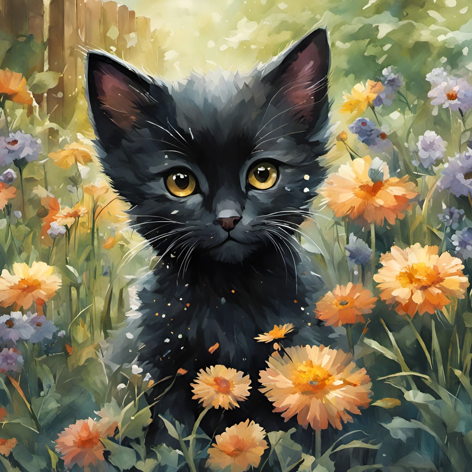 Black Kitten with Pastel Flowers
