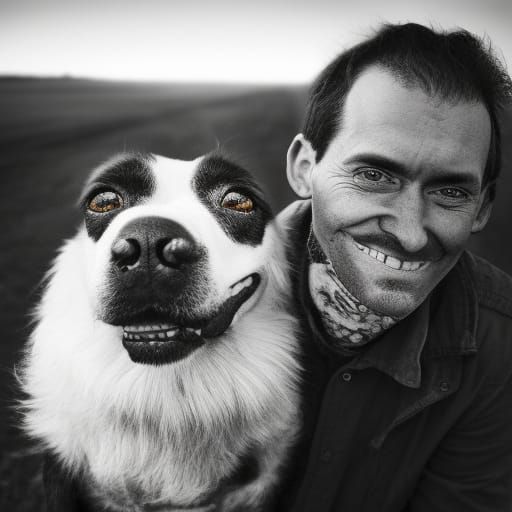 Vintage Portrait: Man, Dog, and Monster in Horror Scene