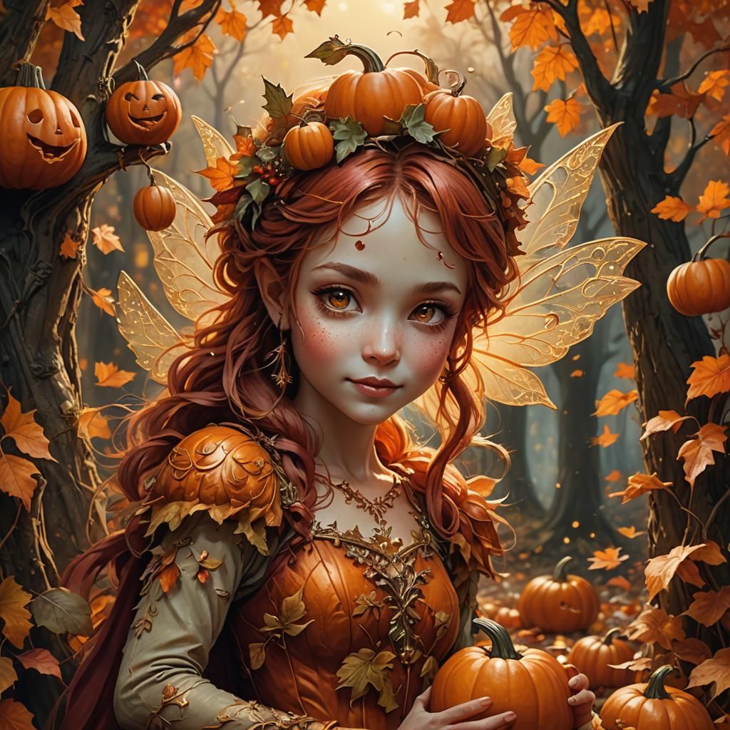Autumn Fairy Sprite Hiding Behind Pumpkin