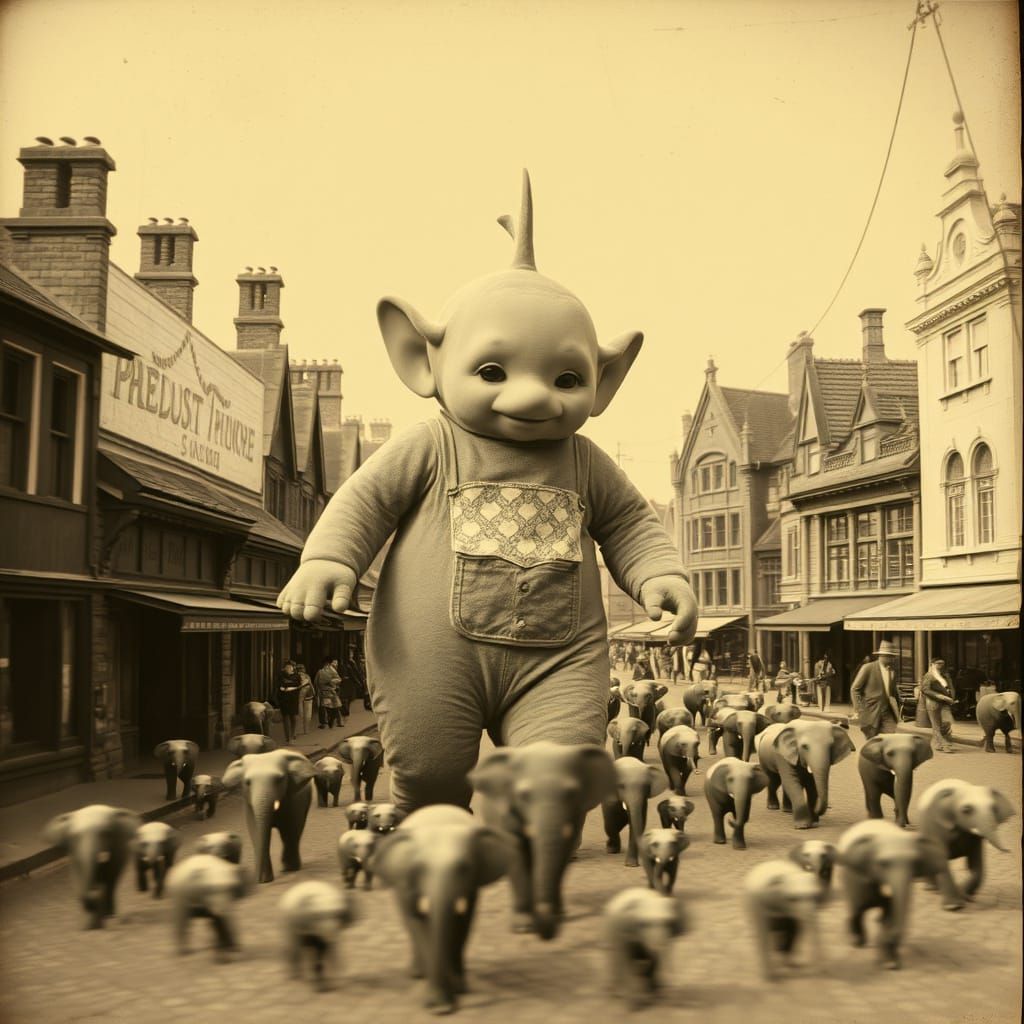 Giant Teletubby in 1920s Town with Micro Elephants
