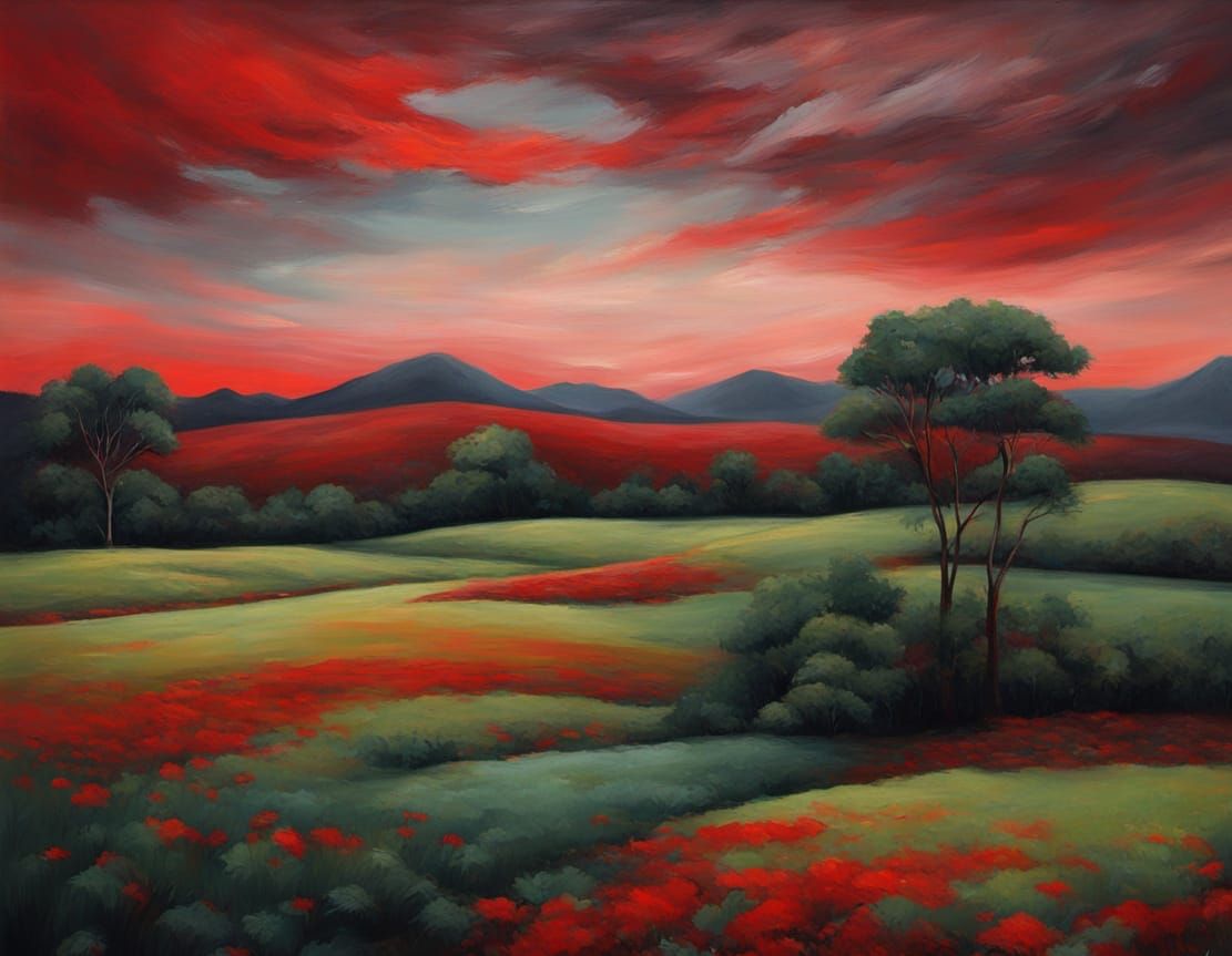 Somber Auburn Scarlet Abstract Surrealism Panorama