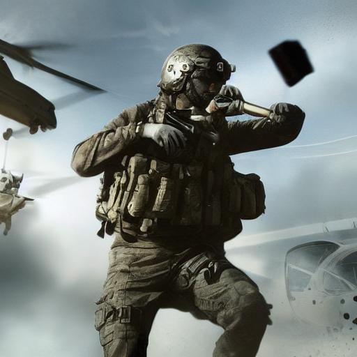 Hyperrealistic Soldier Leaps from Helicopter in Splash Art