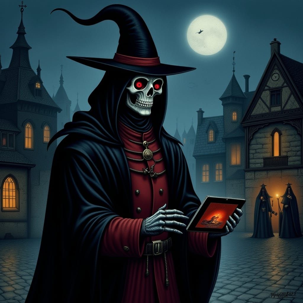 Cyberpunk Plague Doctor with Glowing iPad in Medieval Town
