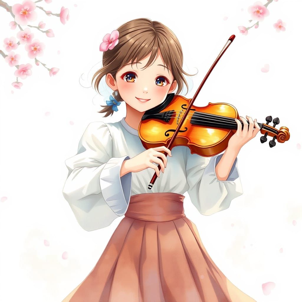 Girl Playing Violin in Whimsical Anime Style