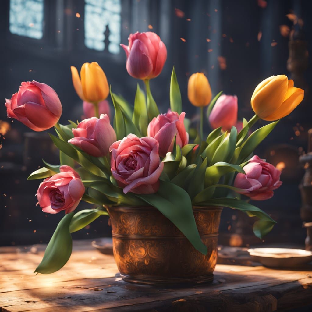 Lush Floral Arrangement in 3D Game Cinematic Style