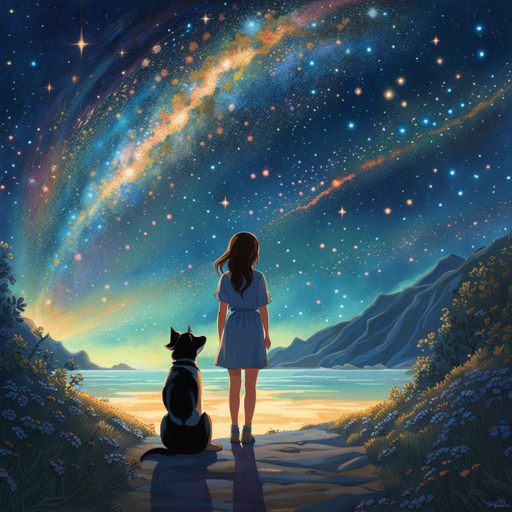 Girl and Dog Gaze at Milky Way in Shin-Hanga Style