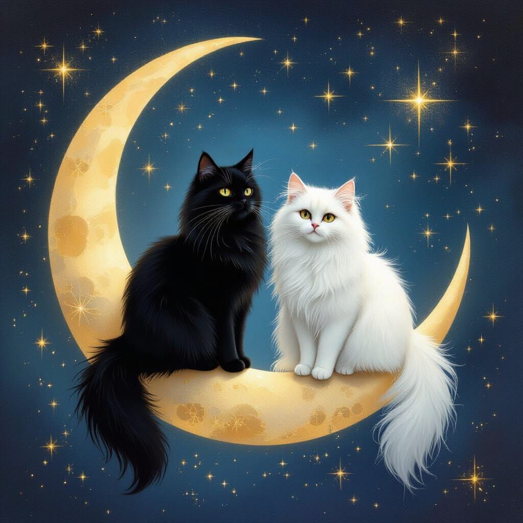 Cats on Crescent Moon Under Starry Sky