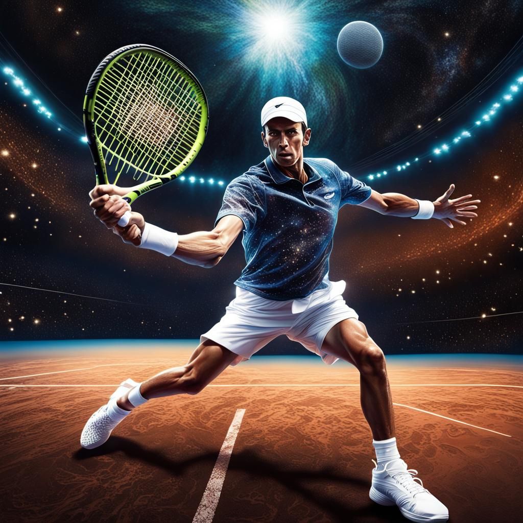 Cosmic Tennis Player Hitting Earth: Breathtaking Artwork