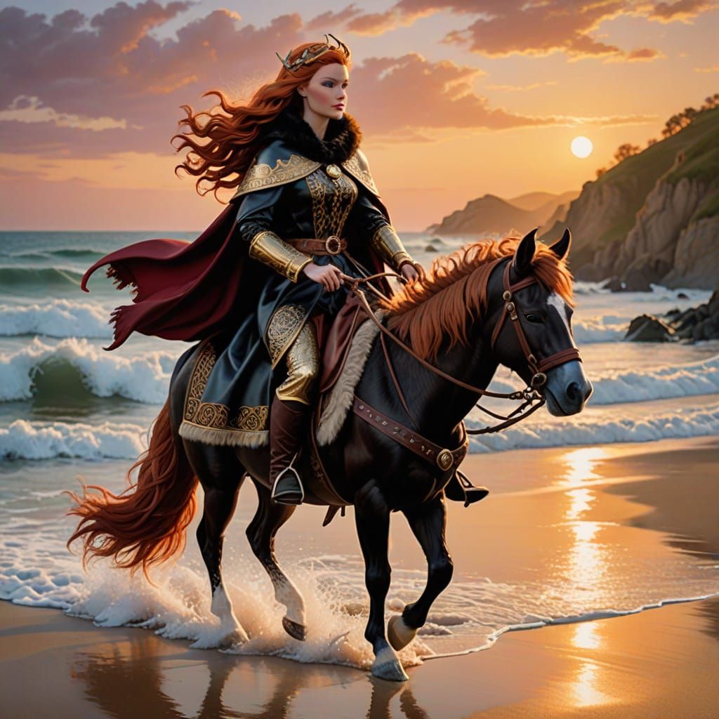 Viking Warrior Barbie Rides Donkey on Sunset Beach