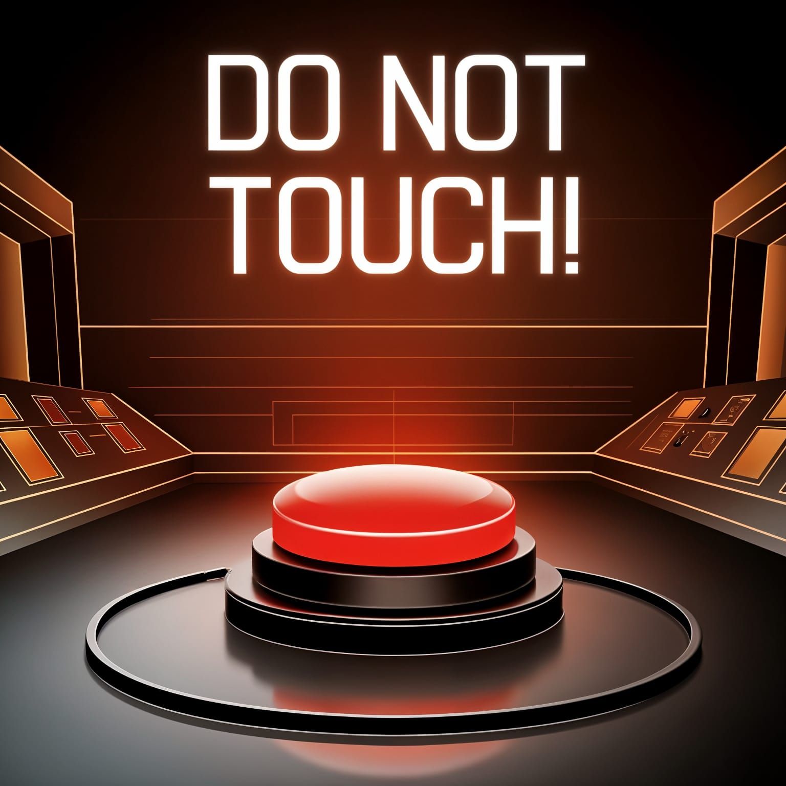 Giant Ominous Red Button in Futuristic Control Room