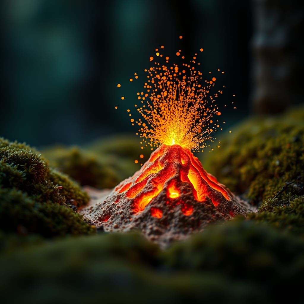 Glowing Sand Volcano Erupts in Forest Macro Photography