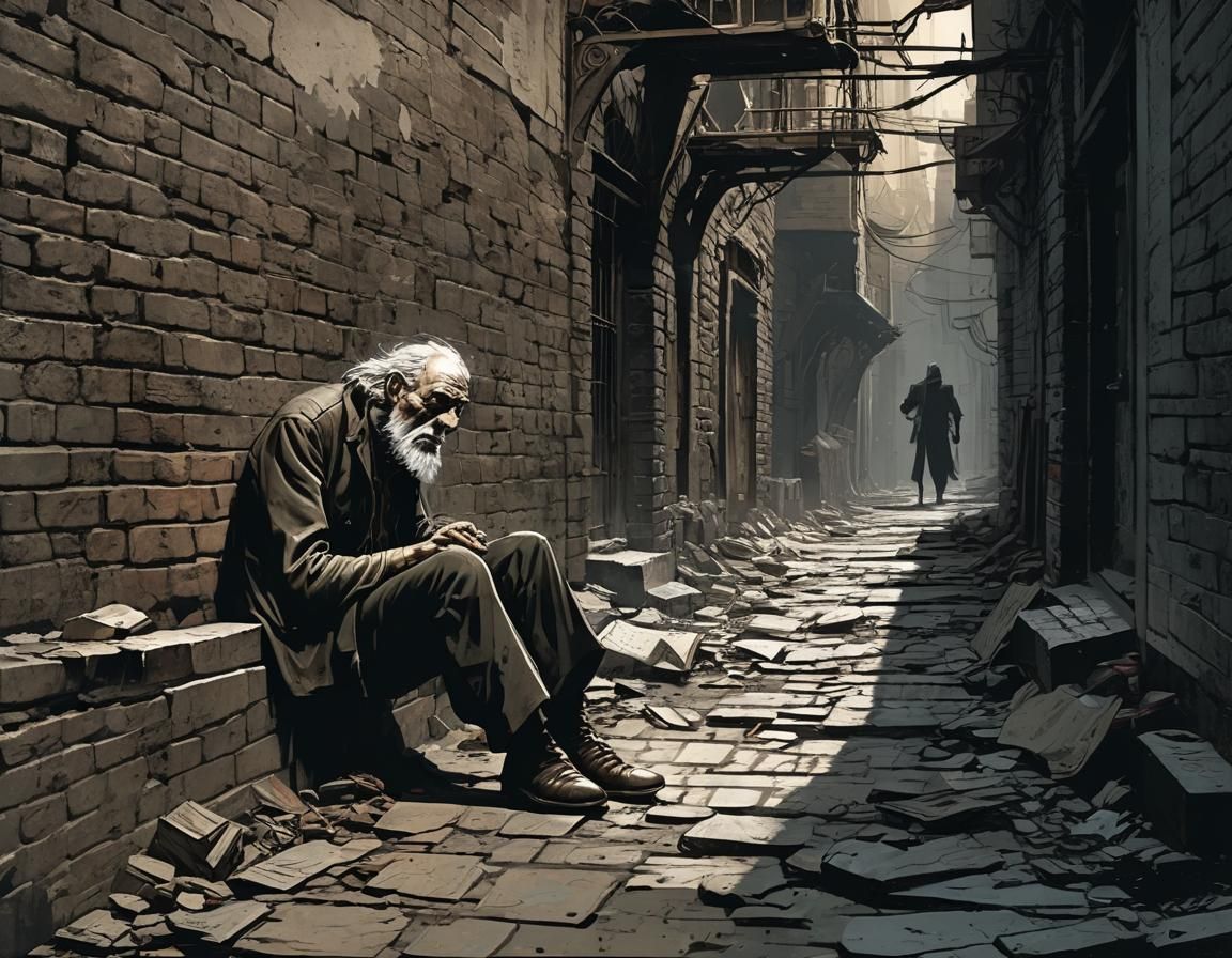 Dark Fantasy: Old Man in Decaying City Alleyway