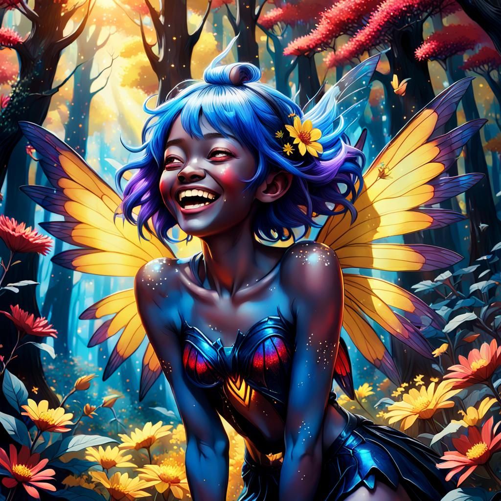 Ebony Fairy Laughing in Vibrant Forest