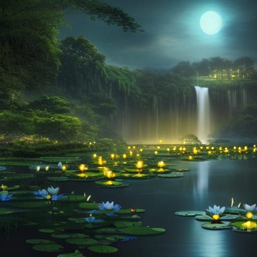 Night Waterfall with Lotus, Digital Matte Painting