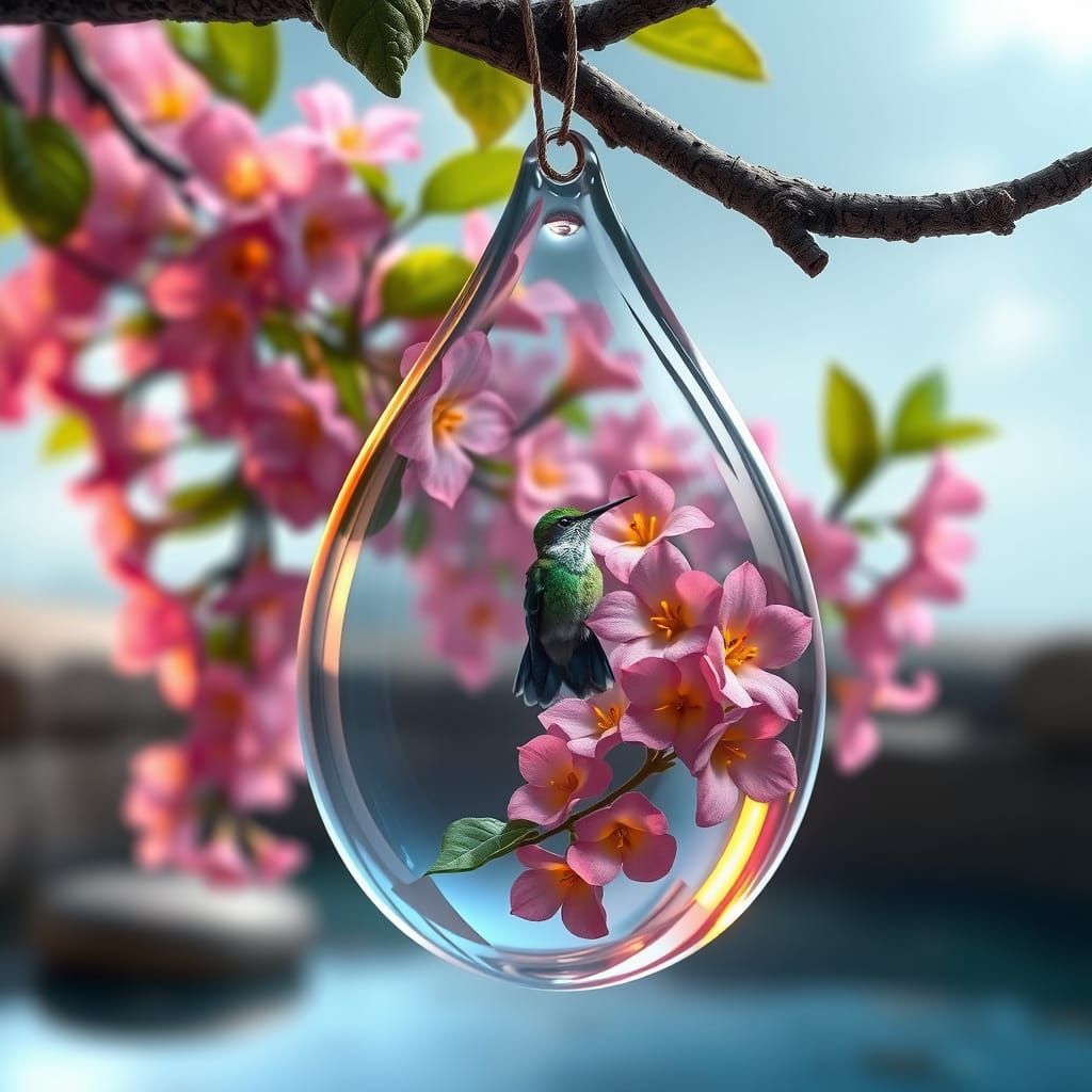 Glass Teardrop Suspended Over Water in a Whimsical Forest Sc...