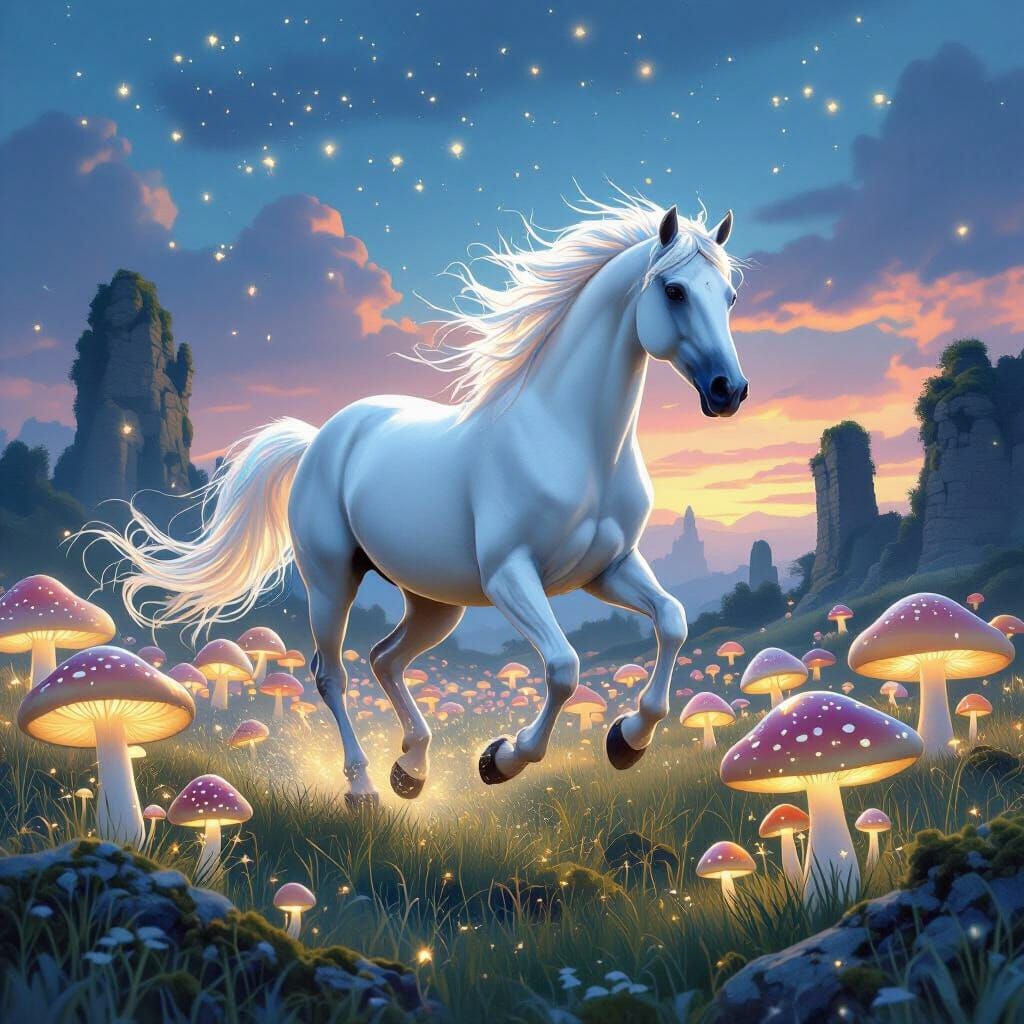 White Horse Gallops Through Luminous Mushroom Field