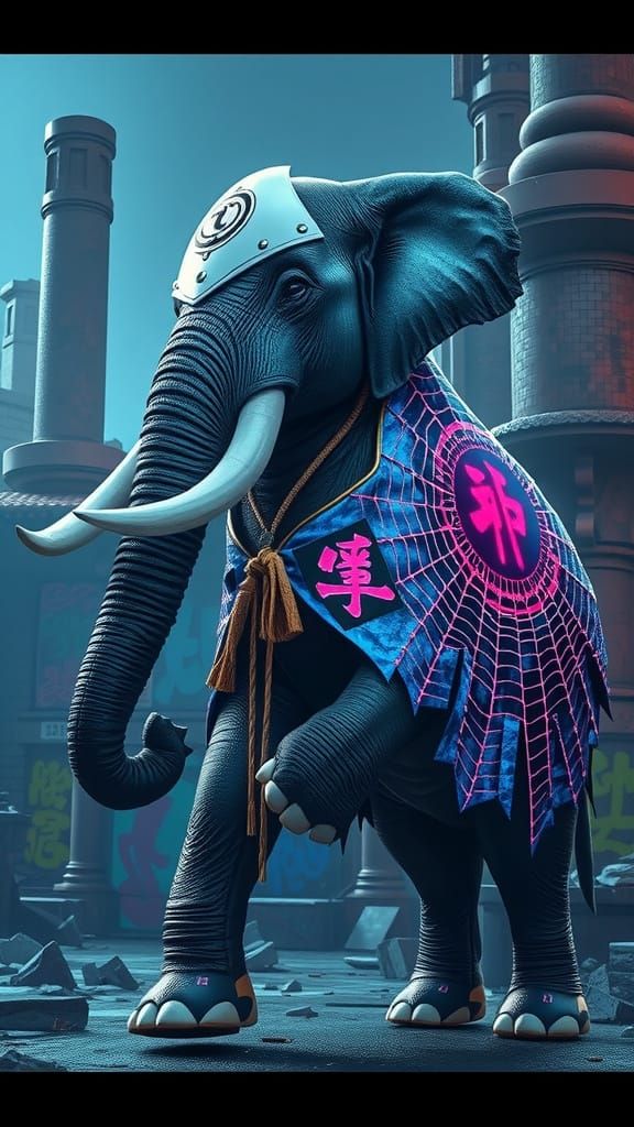 Glowing Warrior Elephant in Neon Ruins, in Vibrant Surreal S...