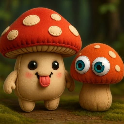 Cuddly hand-sewn toadstool  mushroom plushie, face with tong...