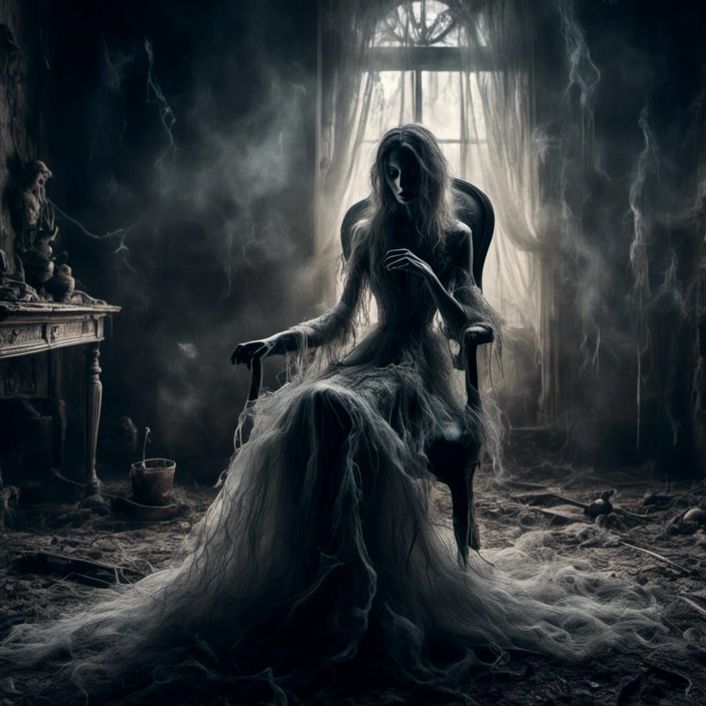 Ethereal Ghost Spectre Crying in Rundown House