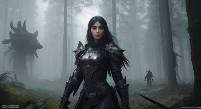 Fantasy Women Warriors in Mystical Forest, Dark-Fantasy Conc...