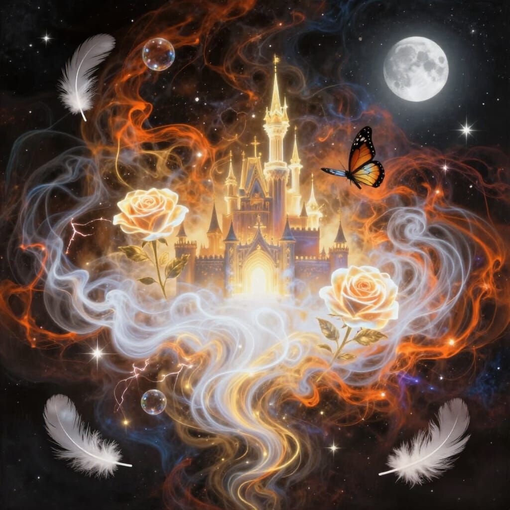 Mystical Castle Erupts from Luminous Smoke