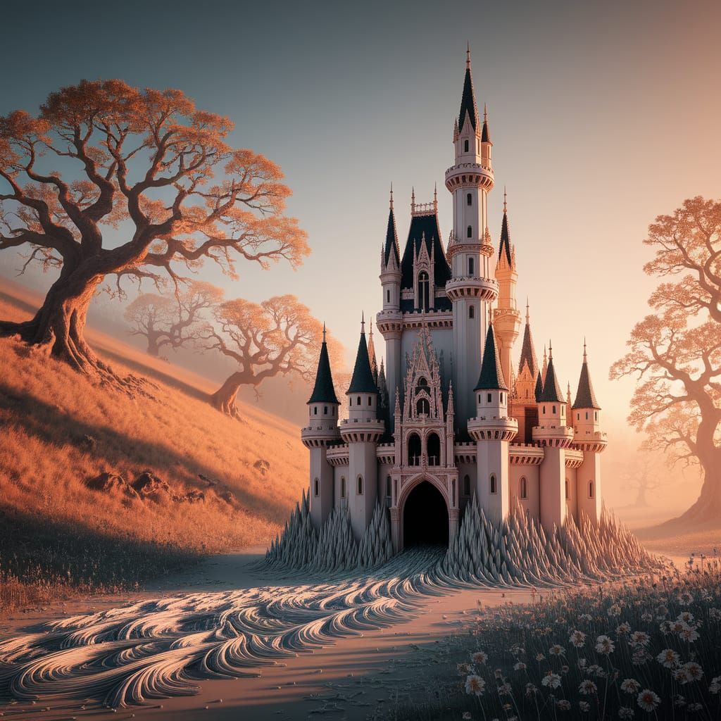 Pencil Castle Mid-Transformation in Golden Light