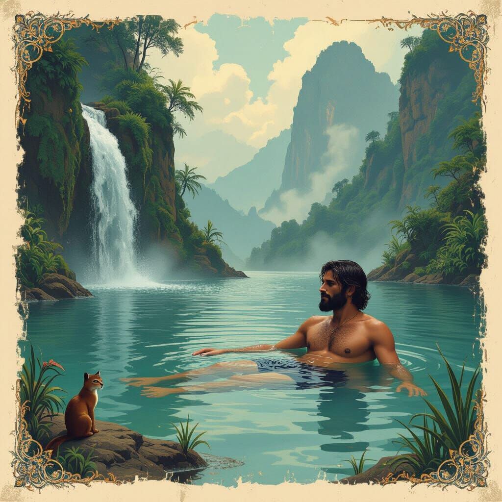 Man Floats by Waterfall in Ottoman Style
