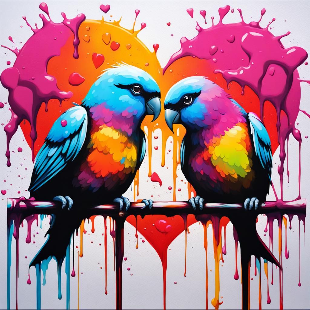 Graffiti Love Birds in Polychromatic Splash Art