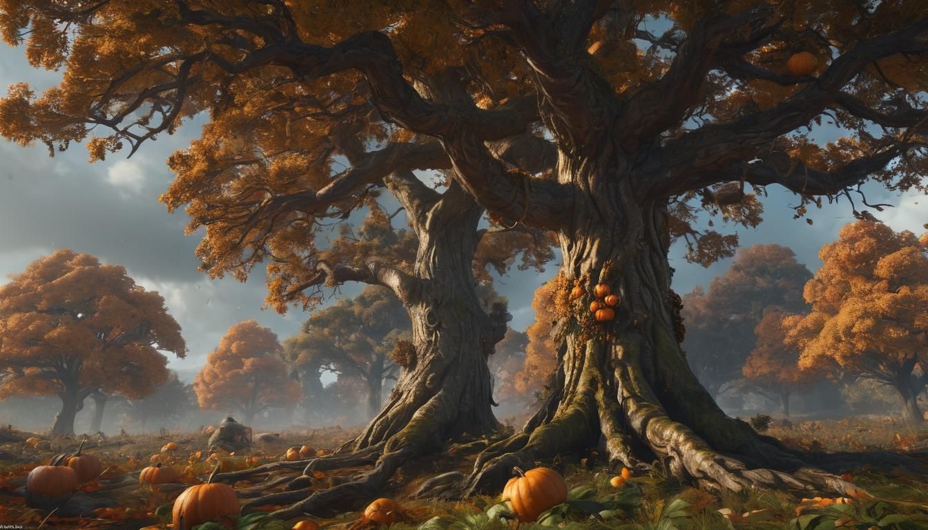 Giant Tree and Pumpkin Field in Fantasy Concept Art