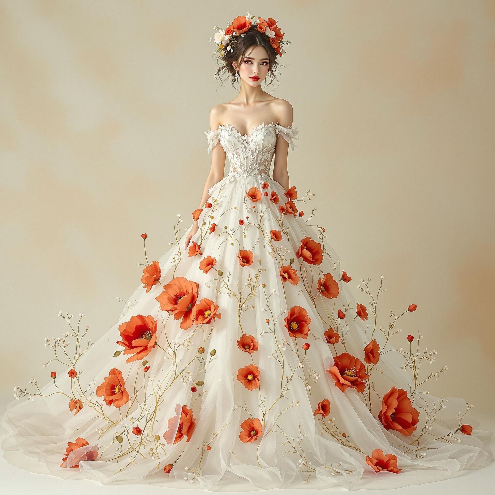 Ethereal Wedding Gown with Poppies in Pre-Raphaelite Style