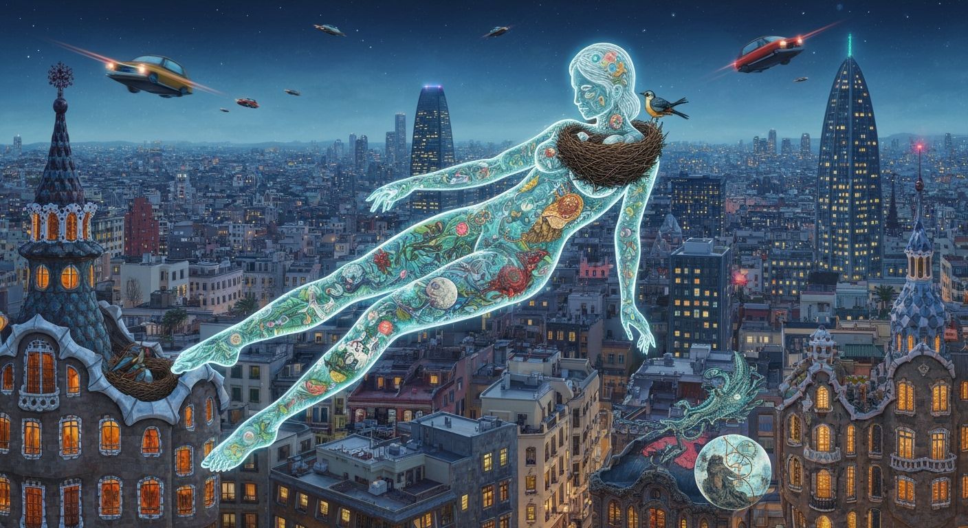 Vibrant Gaudí Cityscape with Bioluminescent Patterns at Nigh...