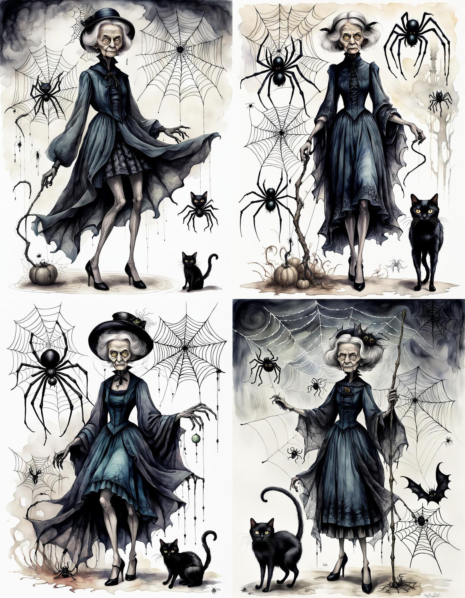 Whimsical Goth Woman with Cat, Pen and Ink Sketch