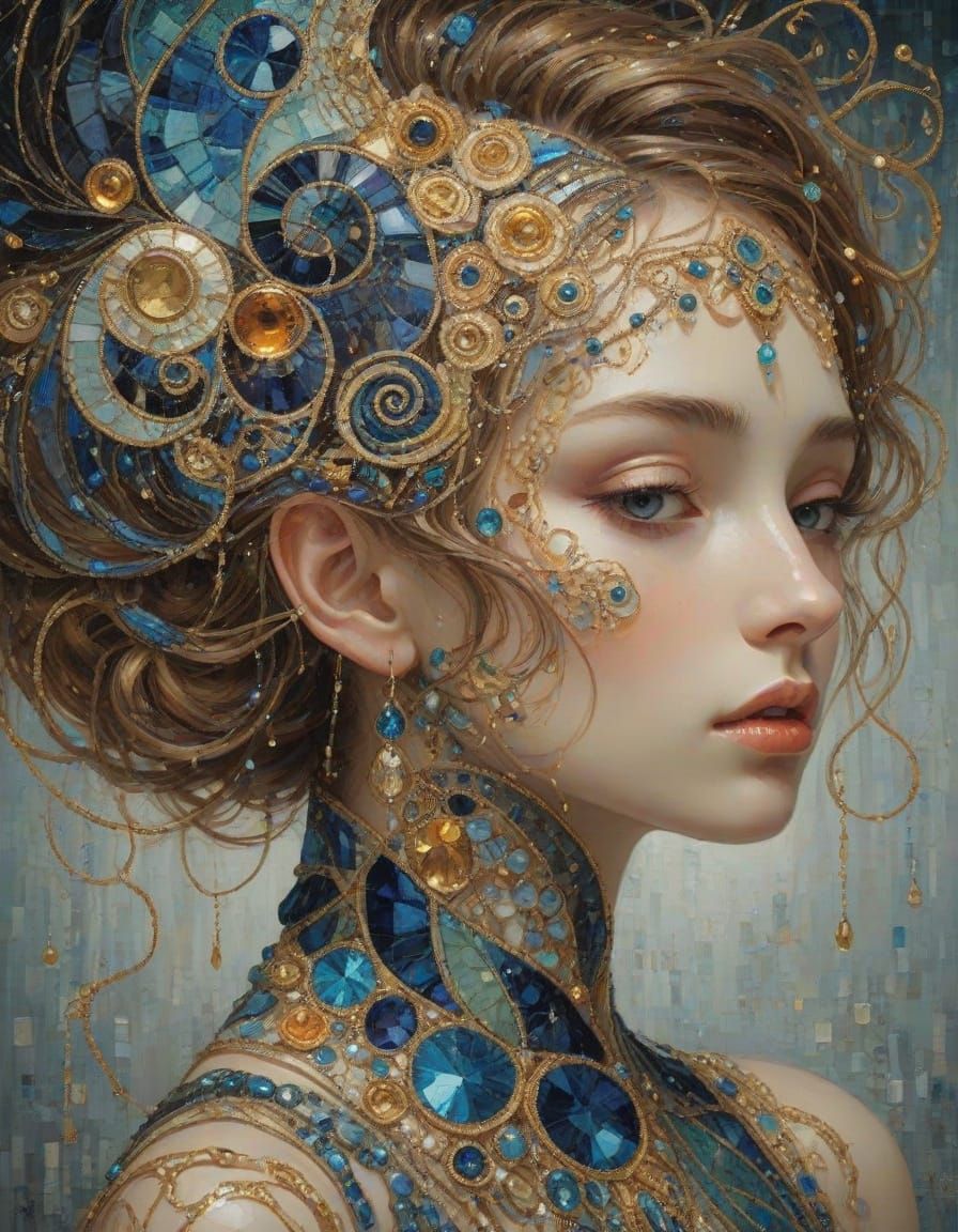 Melancholy Face in Shimmering Beadwork, Digital Painting