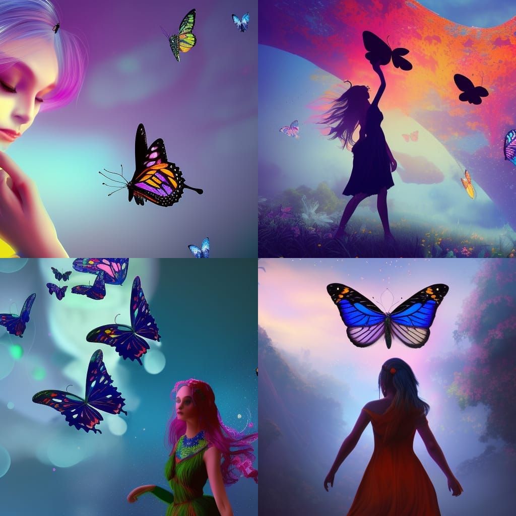 Girl Silhouette with Colorful Butterflies in Matte Painting