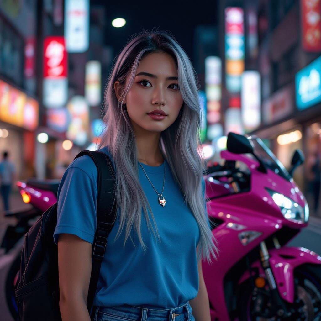 Japanese Woman in Vibrant Cityscape with Electric Motorcycle