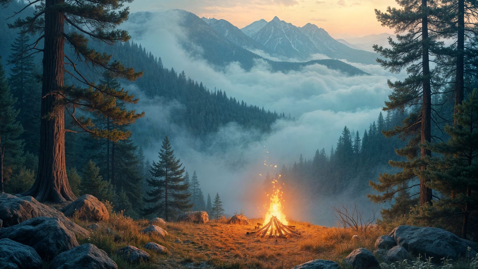 Ethereal Campfire in Foggy Mountain Landscape