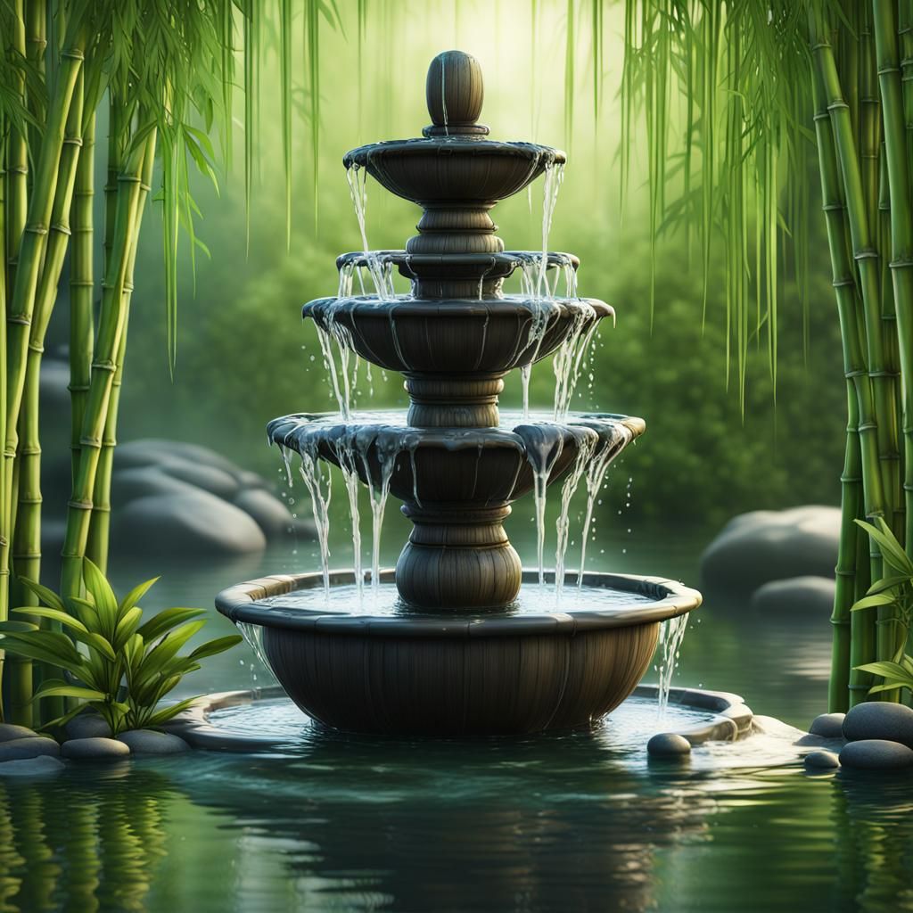 Zen Bamboo Fountain: Digital Art Masterpiece