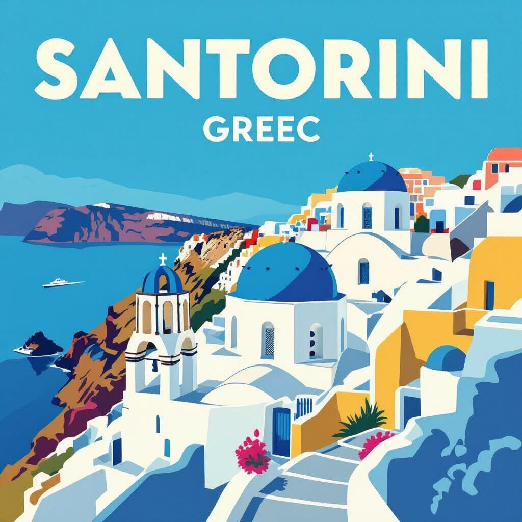 Retro Santorini Travel Poster in Mid-Century Modern Style