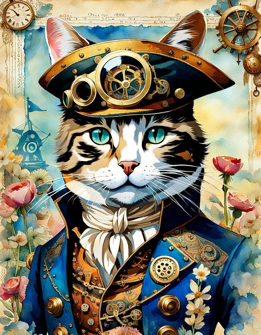 Steampunk Pirate Cat on Sailing Ship Watercolor
