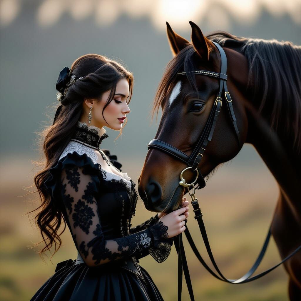 A woman with long black hair, adorned in a beautifully detailed black outfit, gently holds a majestic horse. They share ...