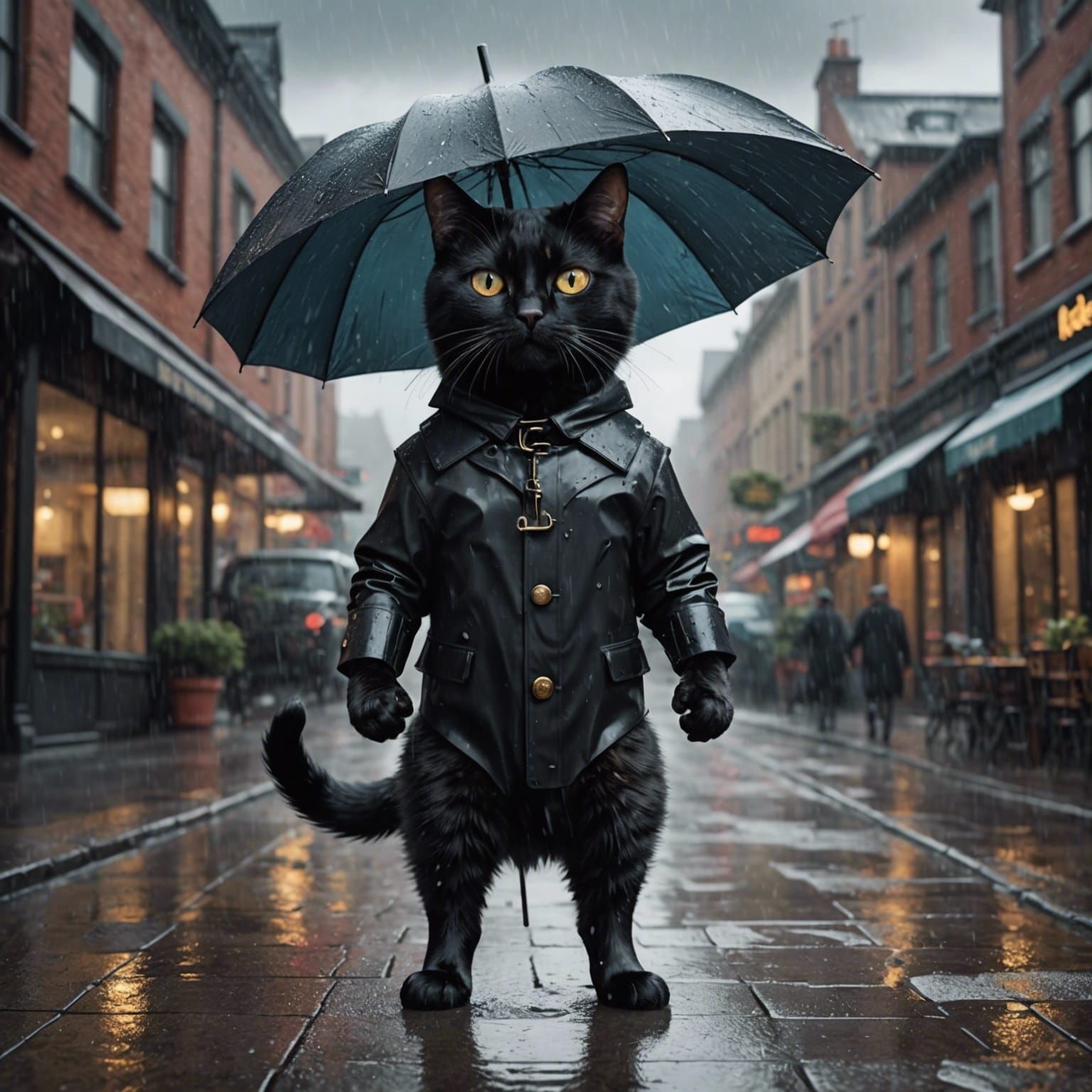 Stylish Black Cat Walking Upright in the Rain