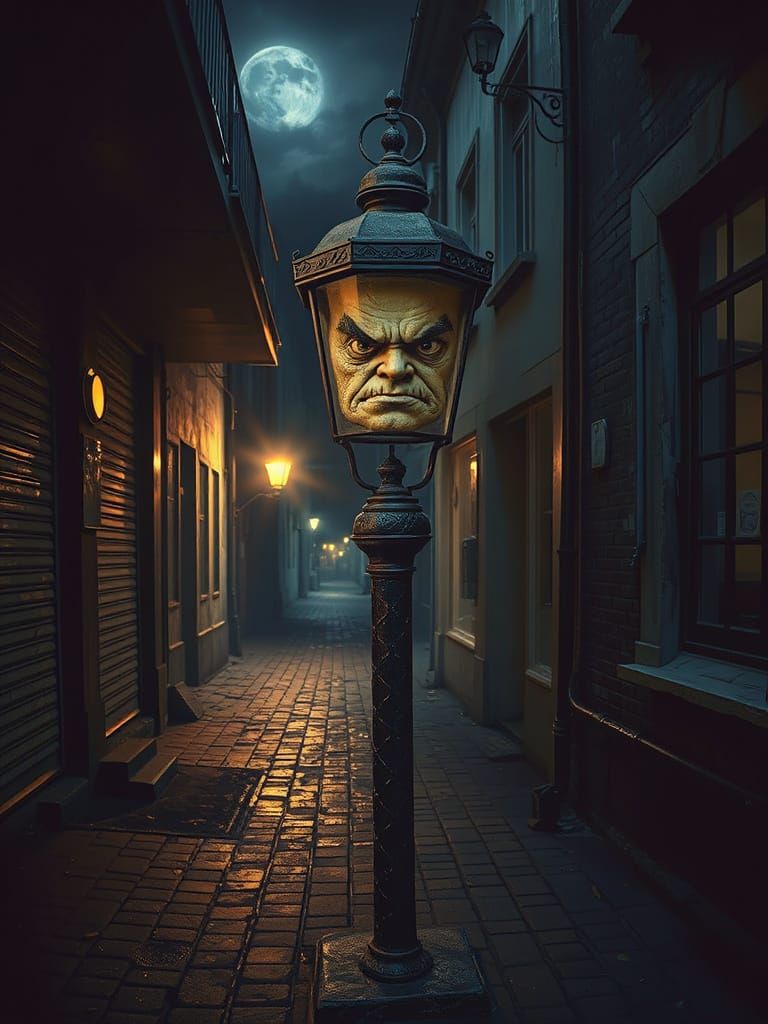 Grumpy Streetlamp with Scowling Face in Dark Fantasy Art
