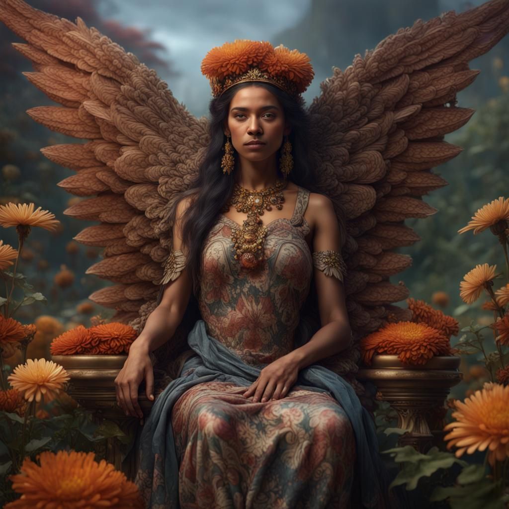 Amerindian Woman with Wings on Flower Throne